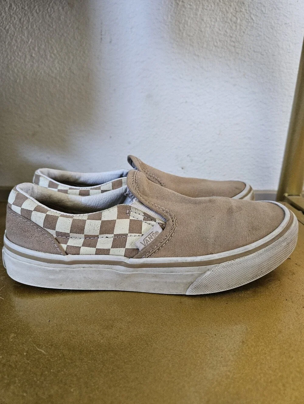 Kids Vans Slip-On Checkerboard Sneakers in Beige